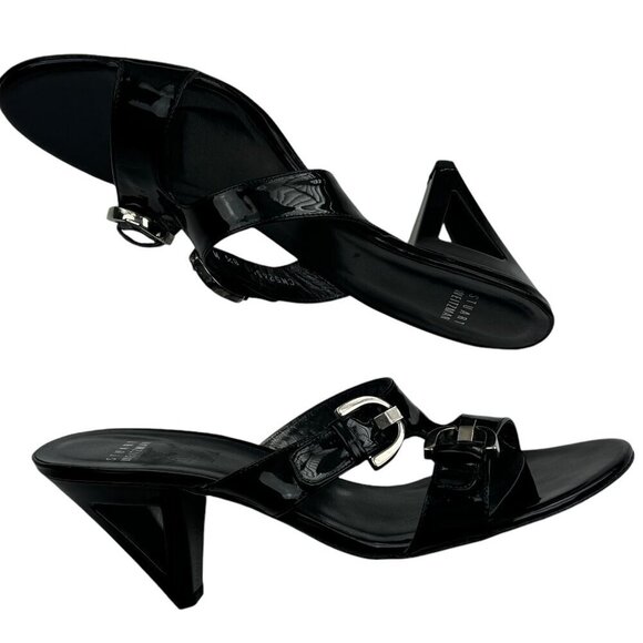Stuart Weitzman Black Patent Leather Buckle Triangle Cutout Heels Women's SZ 8.5 - Picture 4 of 11